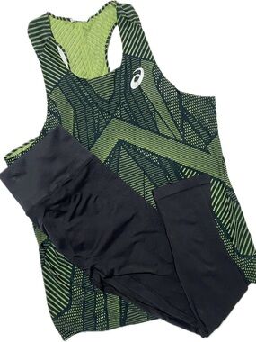 Black Leggings with ASICS Green Geometric Racerback Tank bundle size XL
